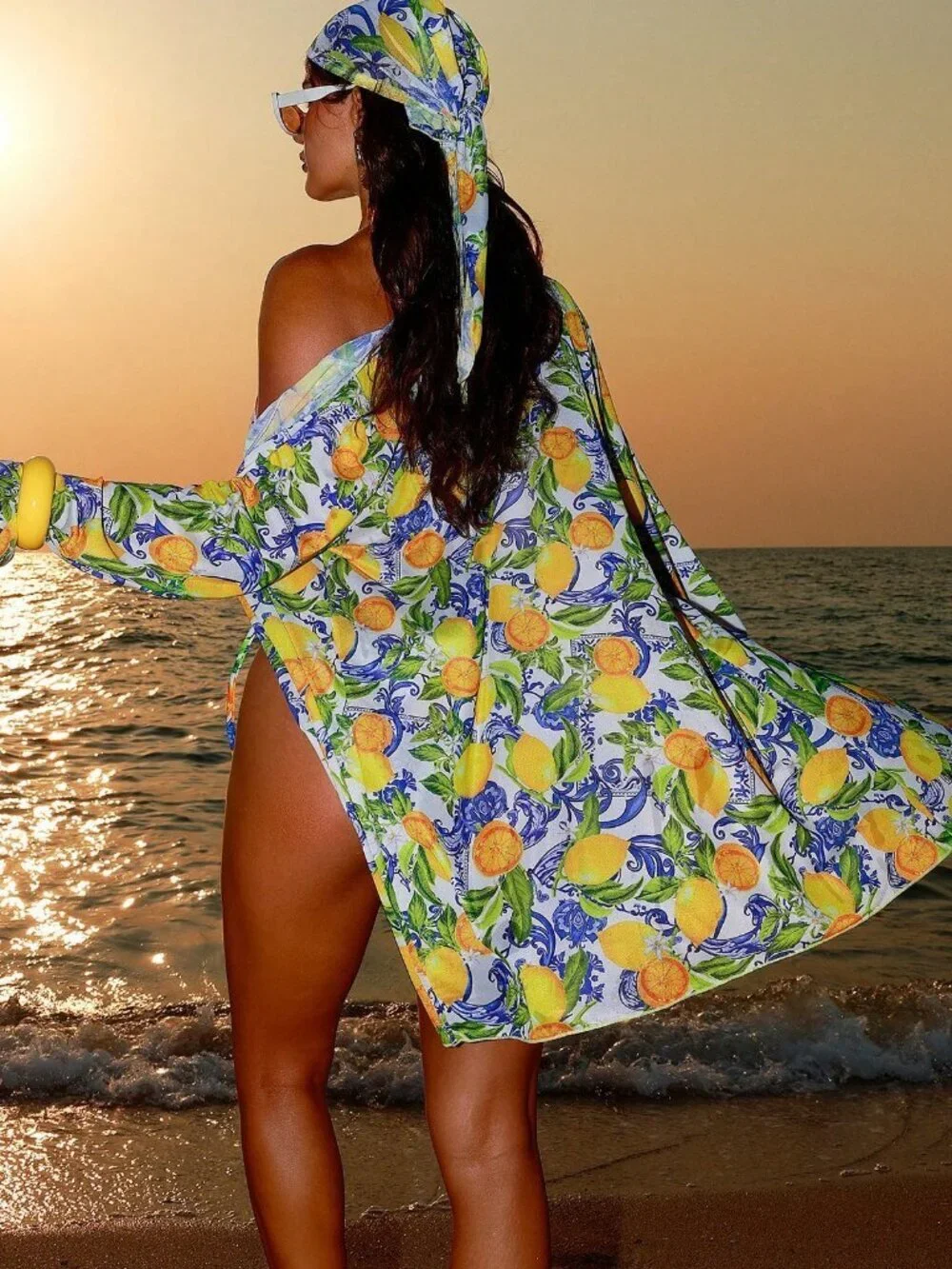 Multicolor Boho Women's Lemon Flower Floral Bikini Set with Coverup & Headscarf